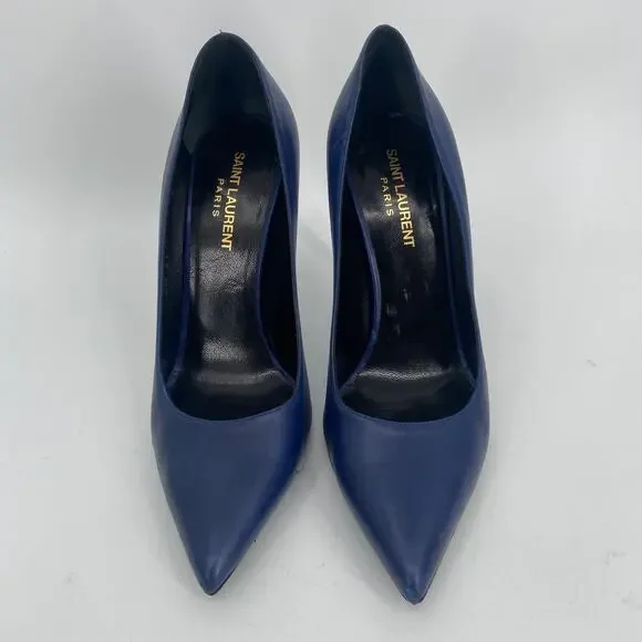 Saint Laurent Paris Pointed Toe Calfskin Pump Navy Blue